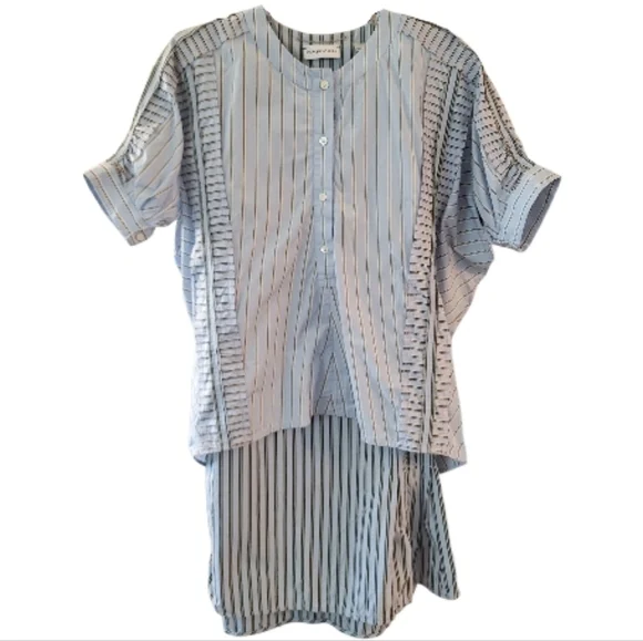 Rare! Carven Blue Striped Layered 3/4 Sleeve Poplin Shirtdress - Sz 38  (US S-M) - Picture 2 of 7